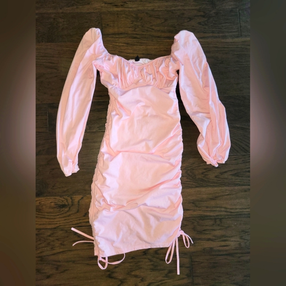 Pink Long Sleeve Ruched Dress